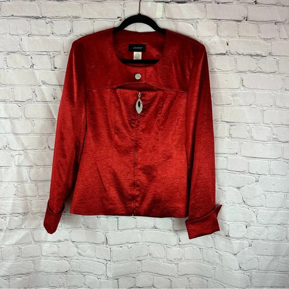 vintage ashro glam blouse with rhinestones bright shiny red sz 6